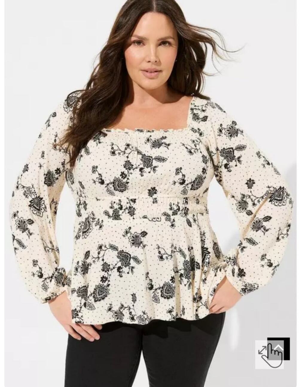 Torrid Peasant Blouse Size 2 Smocked Waist Long Sleeve Floral Black White